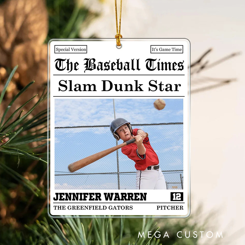 Personalized The Sports Times Baseball Newspaper Design Acrylic Christmas Ornament with Custom Photo and Text