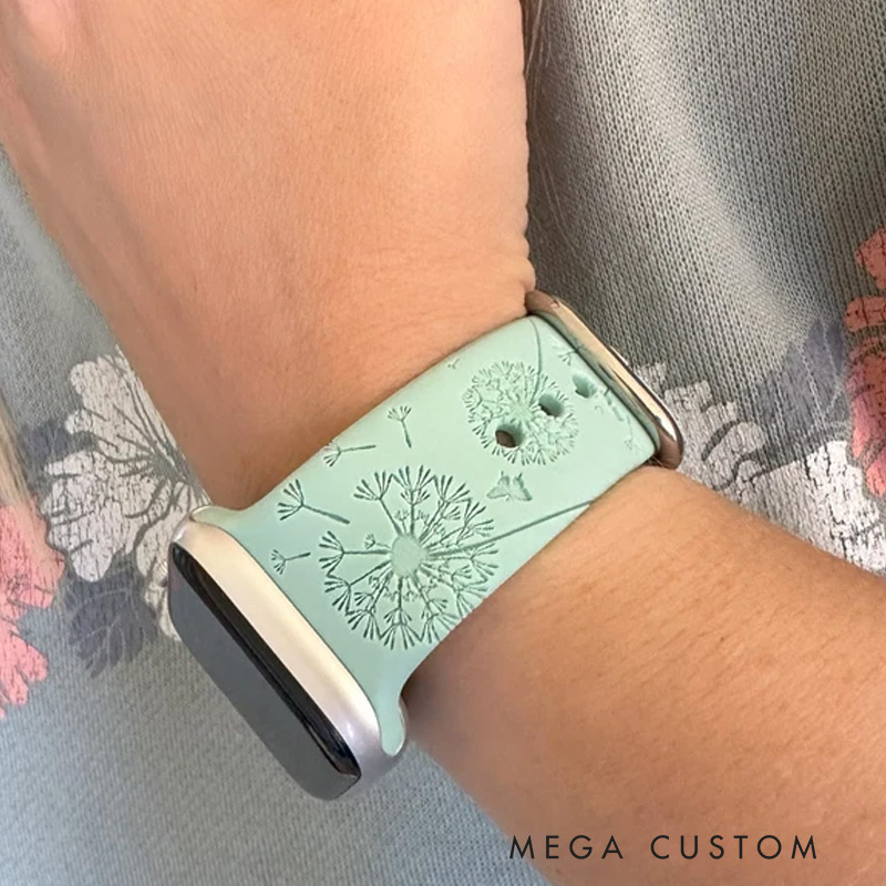 Personalized Dandelion Watch Band Compatible with Apple Watch iWatch Silicone Watch Band Engraved Wildflowers for Mother’s Day and Gardening Lover