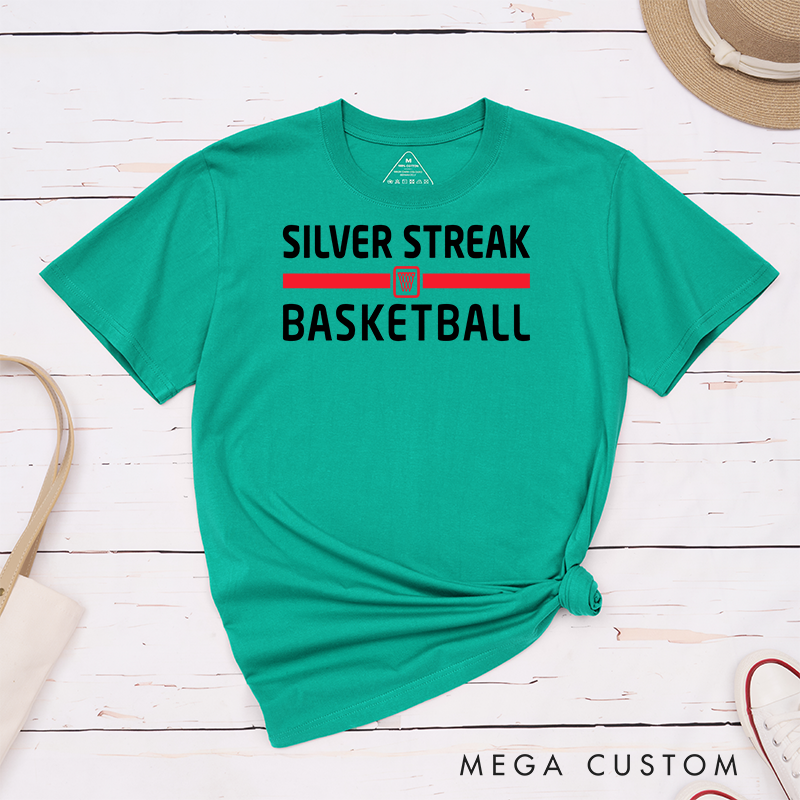 Personalized Basketball Team T-Shirts with Customizable Team Name, Bold Typography, Hoop Graphic, and a Variety of Color Options