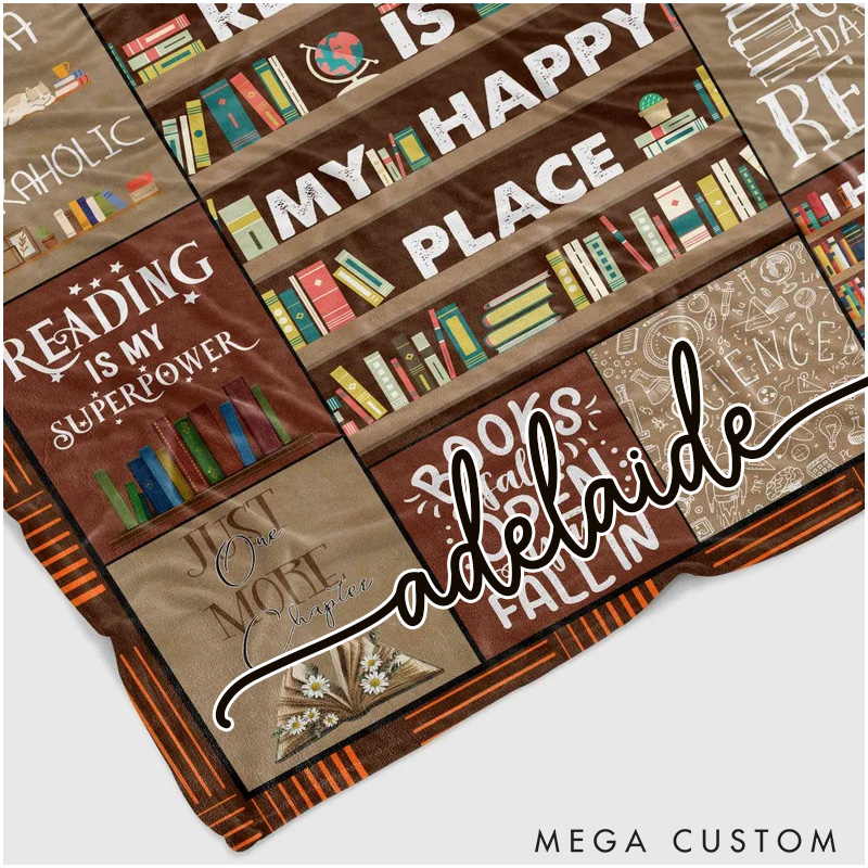 Personalized Reading is My Happy Place Throw Blanket Custom Bookish Blanket with Name Books Reading Blanket Book Lover Gift Librarian Gift