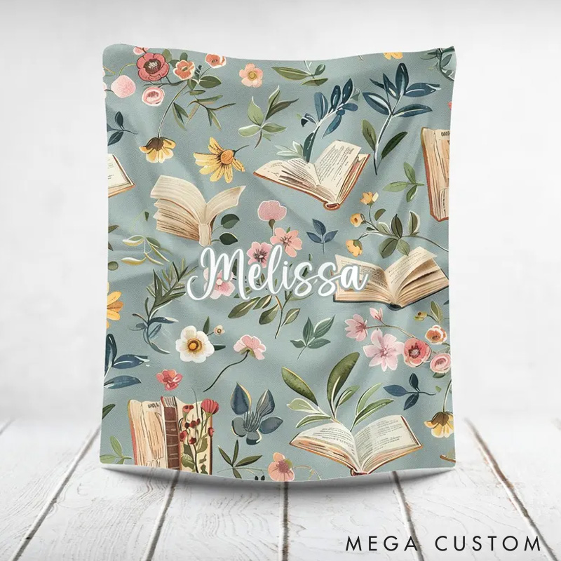 Personalized Floral Book Throw Blanket Custom Reading Nook Blanket with Name Books Reading Blanket Book Lover Gift Librarian Gift