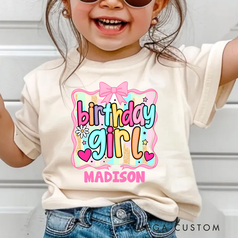 Personalized Birthday Girl Kids T-Shirt with Bright Colors and Fun Bow Design for Celebratory Style
