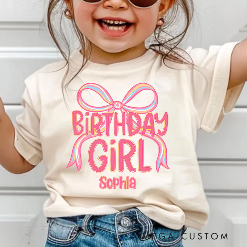 Personalized Birthday Girl Kids T-Shirt with Pink Bow and Bold Lettering for a Stylish Celebration