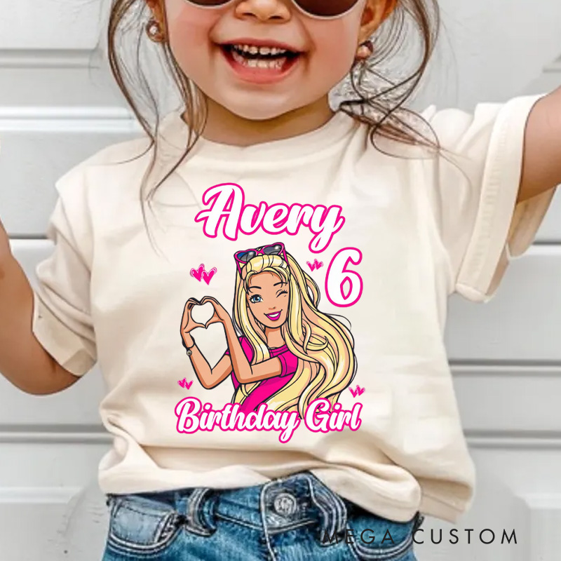 Personalized Birthday Girl Kids T-Shirt with Pink Princess Theme and Name for a Magical Birthday
