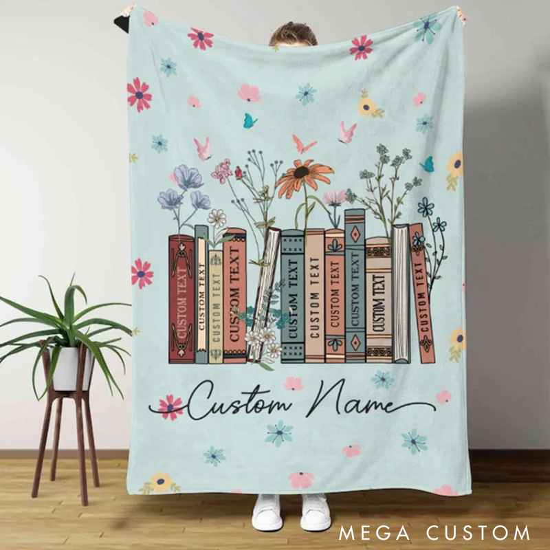 Personalized Floral Book Throw Blanket Custom Books and Name Library Blanket Bookish Blanket with Name Book Lover Gift Librarian Gift