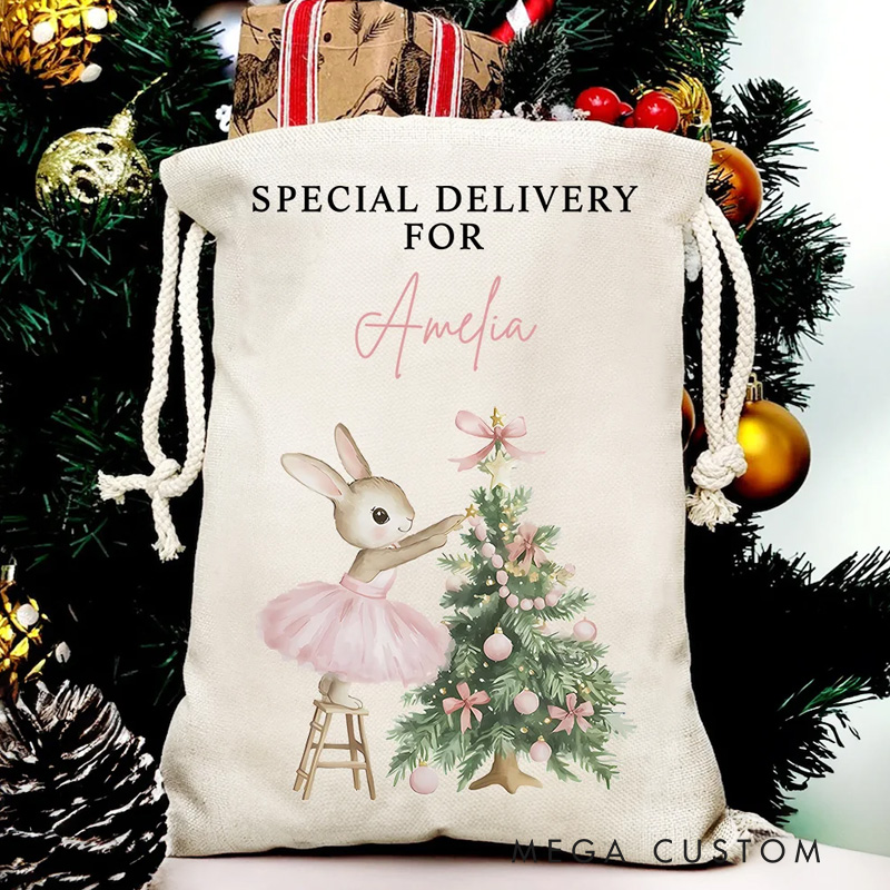 Personalized Christmas Tree Cute Pink Rabbit Santa Sack Gift Bag with Name Christmas Party Favors