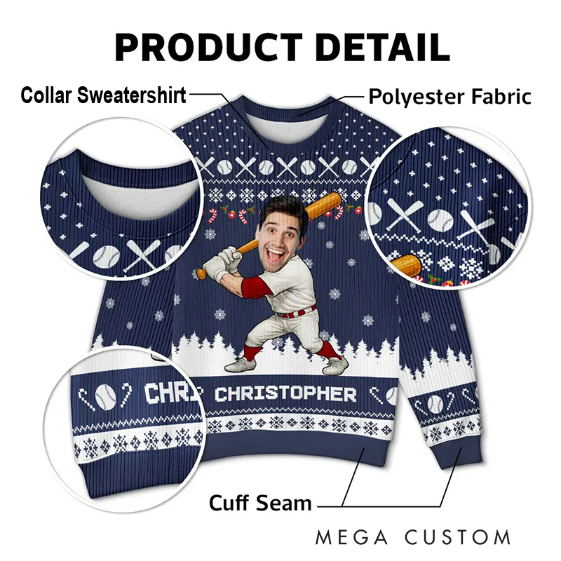 Personalized Baseball Christmas Ugly Sweatershirt with Custom Face and Name  