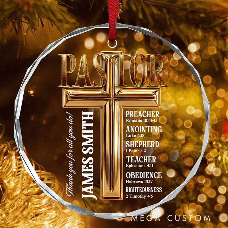 Personalized to My Pastor Round Shaped Glass Hanging Ornament with Name Tree Decoration Christmas Gift for Christian Appreciation Gift for Pastor