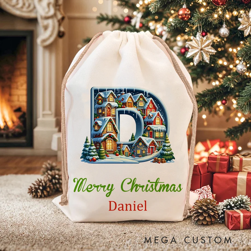 Personalized Christmas Tree Snowman Elf Igloo Drawstring Canvas Gift Bag with Name Initial Christmas Party Favors Gift