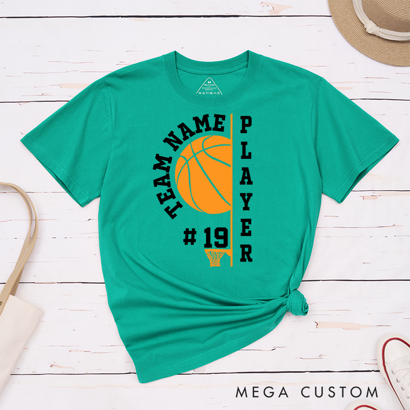 Personalized Basketball T-Shirt with Customizable Team Name, Player Name, Jersey Number, Bold Basketball Graphic, and Modern Vertical Typography Design
