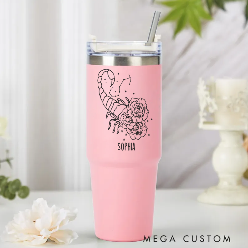 Personalized Stainless Steel Cup with Straw Custom Insulated Tumbler With Zodiac Signs Custom Insulated Tumbler With Name Birthday Gift