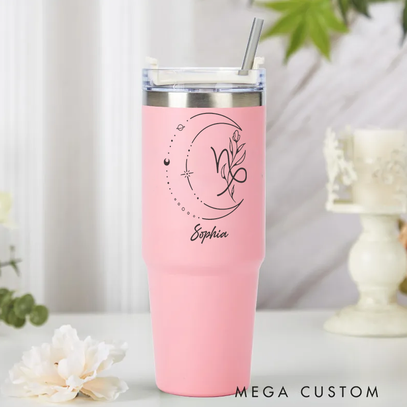 Personalized Stainless Steel Cup with Straw Custom Insulated Tumbler With Zodiac Signs Custom Insulated Tumbler With Name Birthday Gift
