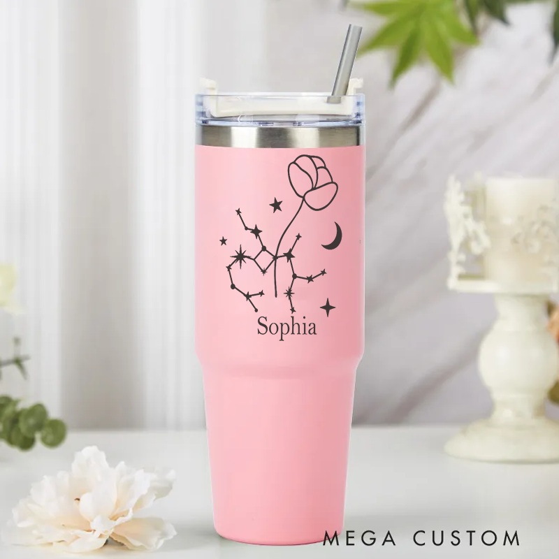 Personalized Stainless Steel Cup with Straw Custom Insulated Tumbler With Zodiac Signs Custom Insulated Tumbler With Name Birthday Gift