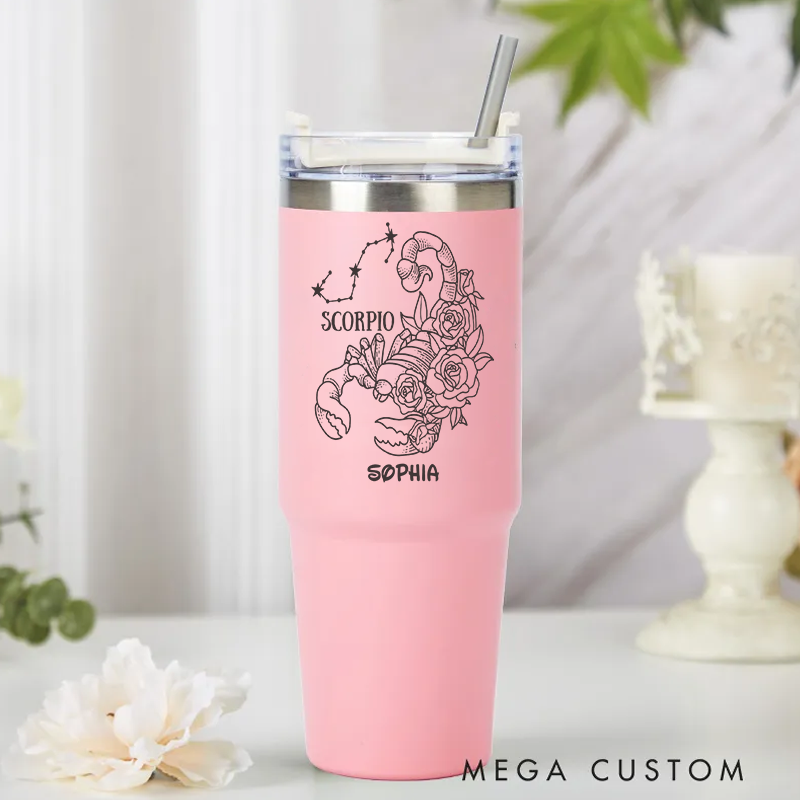 Personalized Floral Zodiac Iced tainless Steel Cup with Straw Custom Insulated Tumbler With Name Birthday Gift Horoscope Cups Astrology