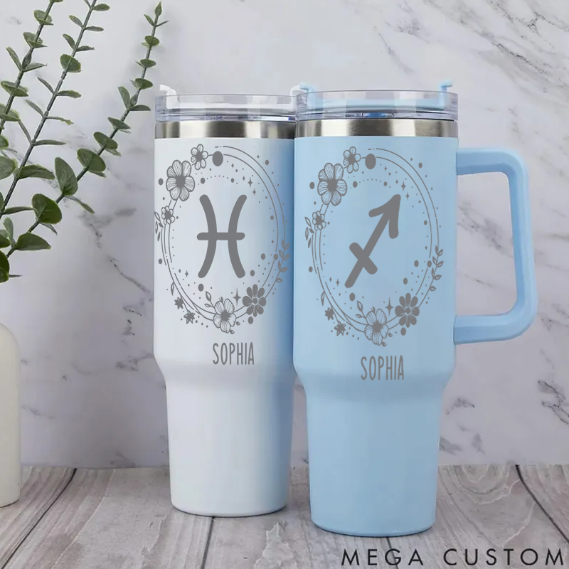 Personalized Stainless Steel Cup with Straw Custom Insulated Tumbler With Zodiac Signs Custom Stainless Steel Cup with Name