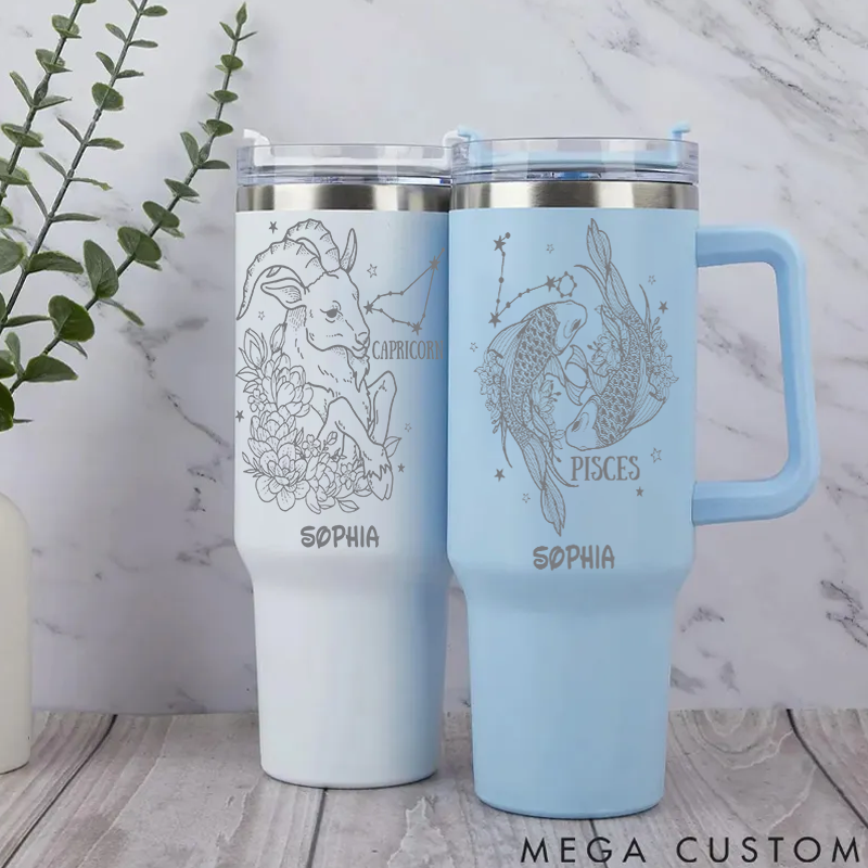 Personalized Floral Zodiac Iced tainless Steel Cup With Straw Custom Insulated Tumbler With Name Birthday Gift Horoscope Cups Astrology