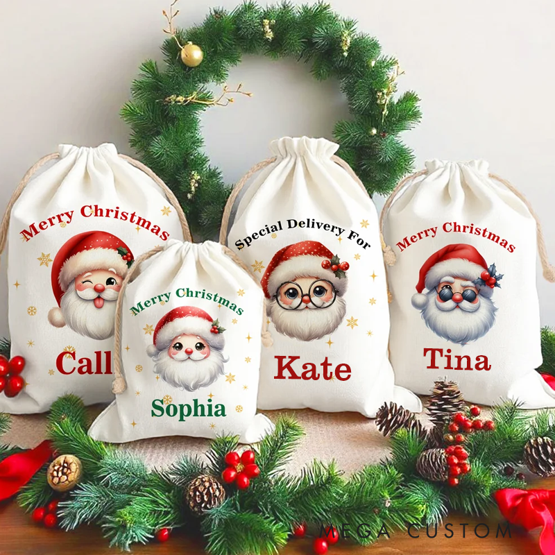 Personalized Cute Cartoon Santa Claus Star Drawstring Gift Bag with Name and Text Christmas Gift 