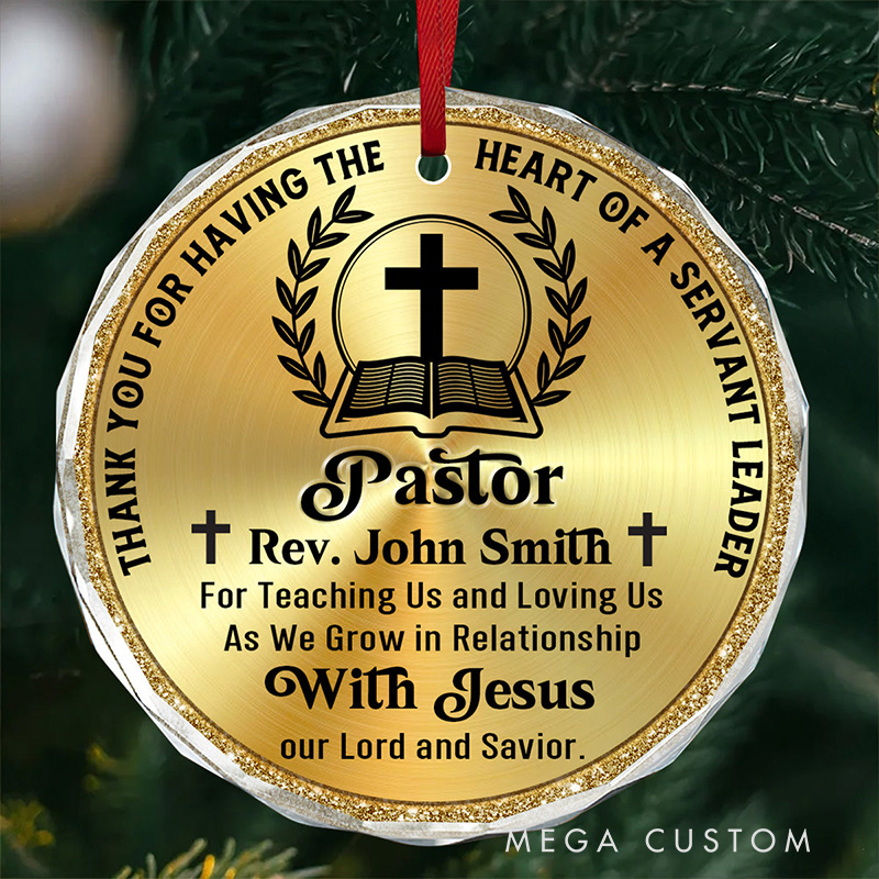 Personalized Thank You for Having the Heart of a Servant Leader Round Shaped Glass Ornament with Name Tree Decoration Appreciation Gift for Pastor