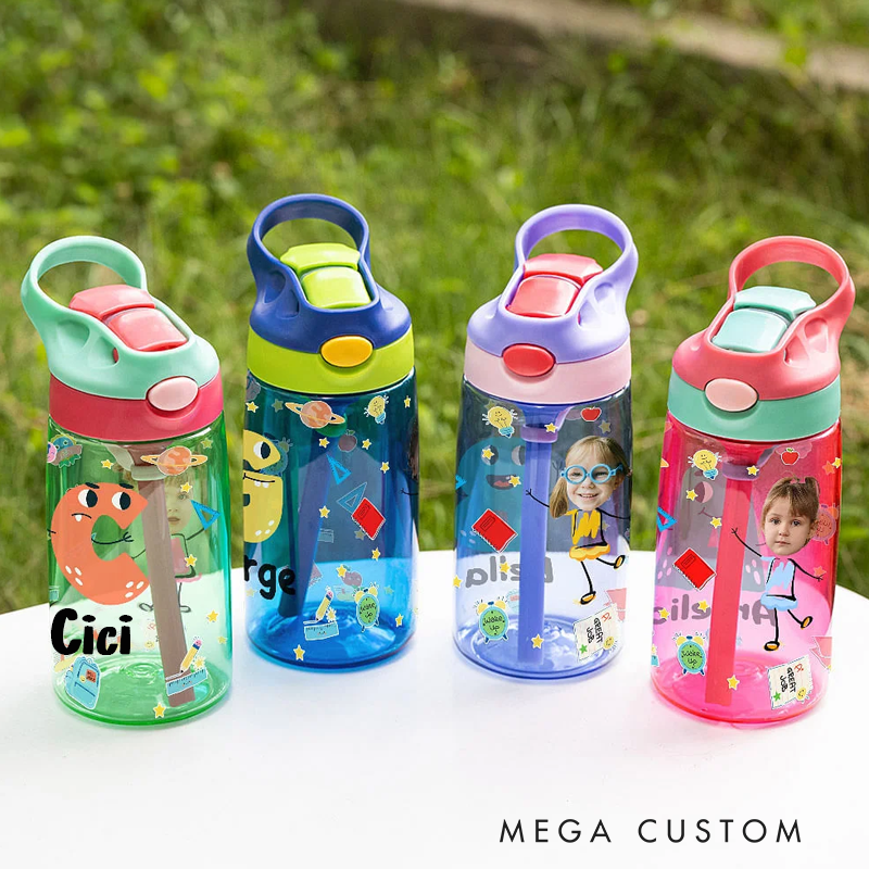 Personalized Colorful Cartoon Photo Name 16oz Kid's Water Bottle with Silicone Straw and Handle Birthday Back to School Gift for Boys Girls
