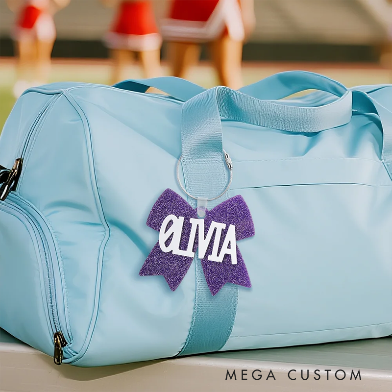 Personalized Cheerleading Glitter Bow Keychains with Custom Name Design