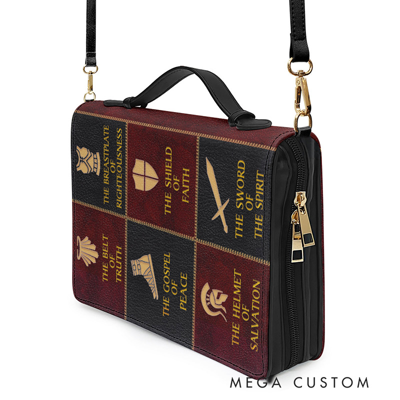 Personalized Full Armor of God Bible Verse PU Leather Bible Cover Case with Name and Carry Handle Ephesians 6:10 Religious Gift God Gift