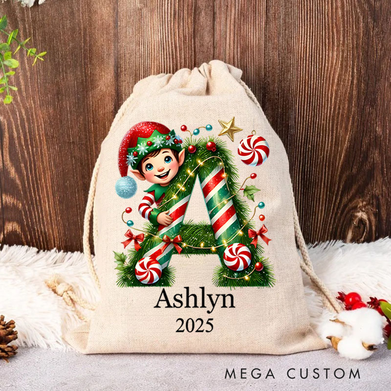 Personalized Festive Initial Christmas Bag with Candy Cane and Elf Design Featuring Name and Year for Holiday Joy