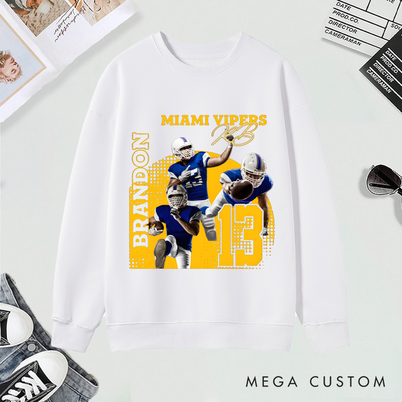 Personalized American Football Sweatshirt with Custom Photo, Name, Team Name, and Number Design