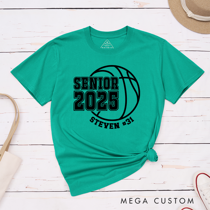 Personalized Senior 2025 Basketball T-Shirt with Custom Name and Jersey Number Featuring a Classic Basketball Graphic for a Trendy School Spirit Look