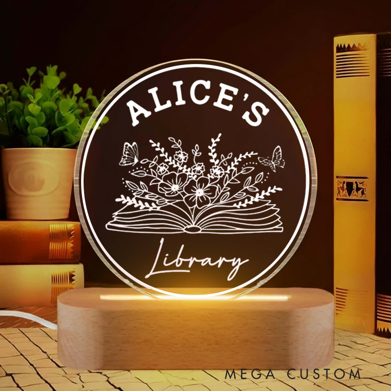 Personalized Flower Bookish Night Light Custom Bookworm LED Light Decor with Name Book Club Decor Bookish Gift Book Lover Gift