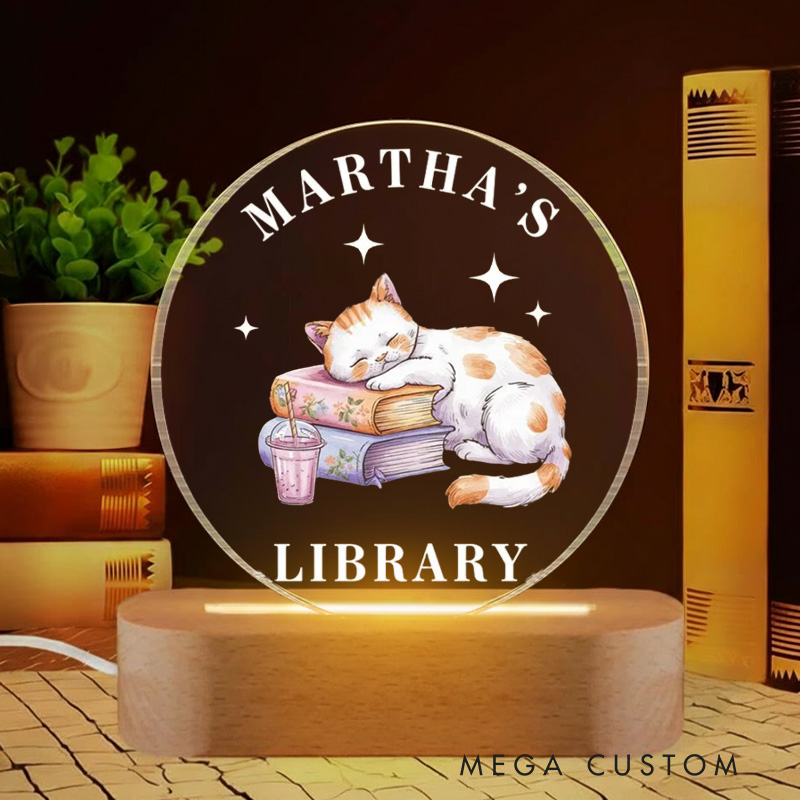 Personalized Cat and Book Night Light Custom Name's Library LED Light with Name Book Club Decor Book Lover Gift Bookish Gift
