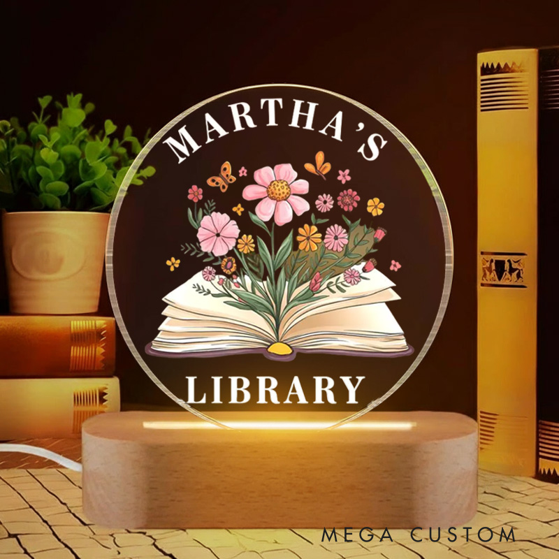 Personalized Flower Book LED Night Light with Name Custom Name's Library Night Light Bookworm Home Decor Book Lover Gift Bookish Gift
