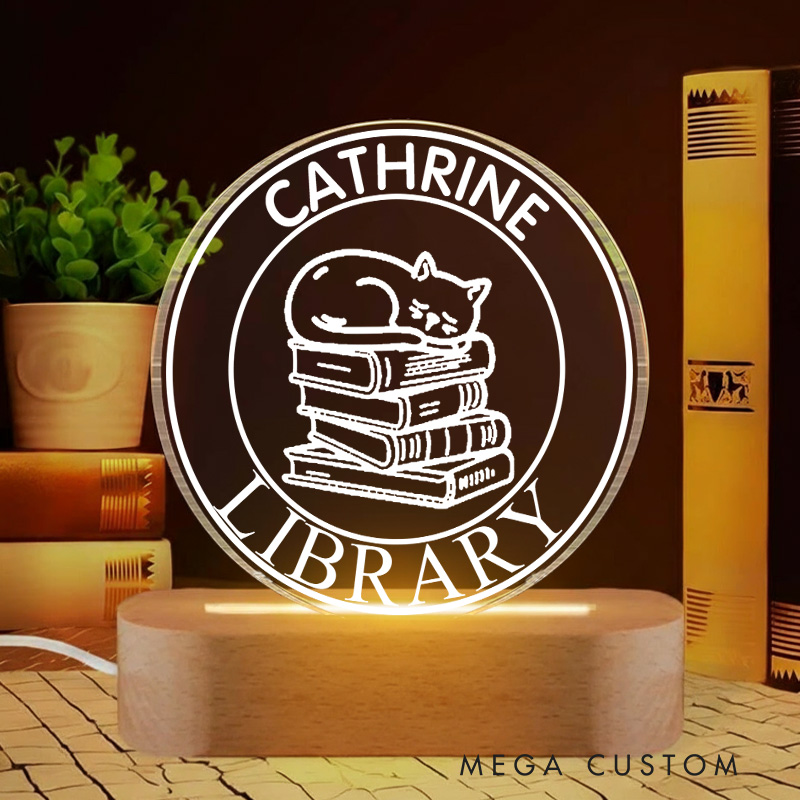 Personalized Sleep Cat and Book LED Night Light with Name Custom Bookish Reader Night Light Librarian Decor Book Lover Gift Bookish Gift