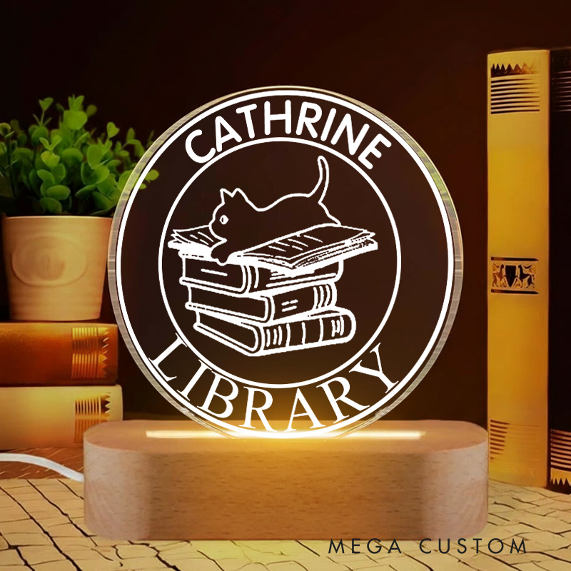 Personalized Book Lover LED Night Light with Name Custom Floral Cat Night Light Bookish Reader Decor Book Lover Gift Bookish Gift