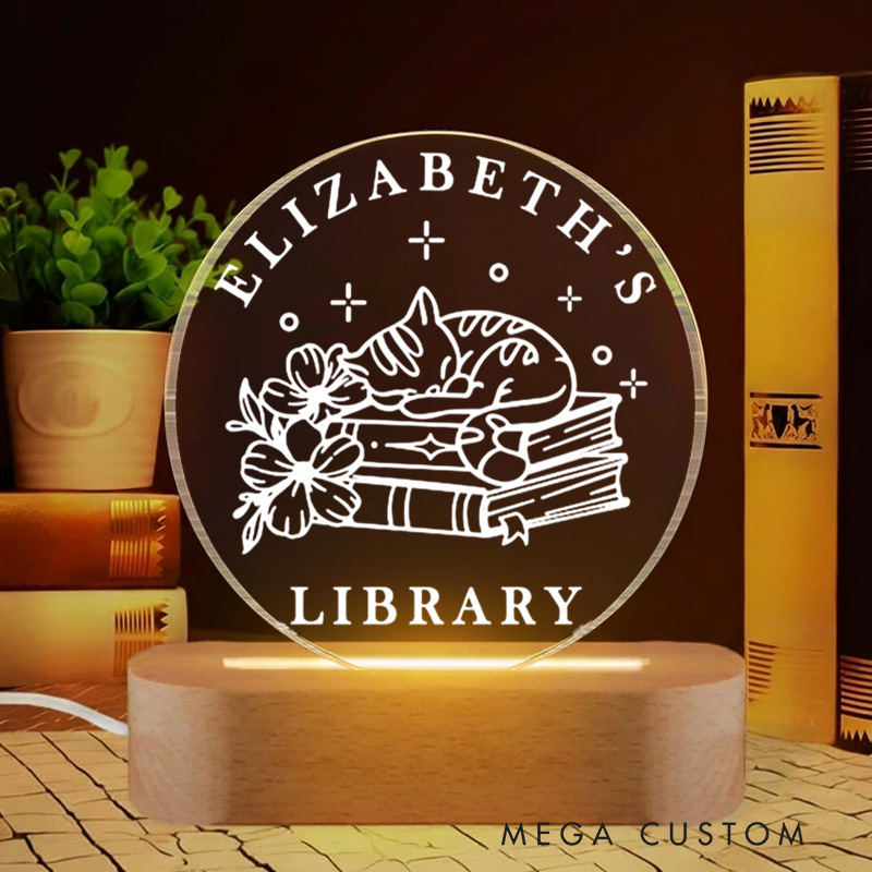 Personalized Flower Book Night Light with Name Floral Cat Bookshelf Sign Light Readers Light Book Lover Gift Bookish Gift