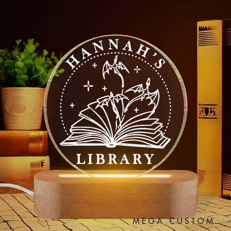Personalized Fantasy Book Night Light with Name Dragon and Book Bookshelf Sign Light Readers Light Book Lover Gift Bookish Gift