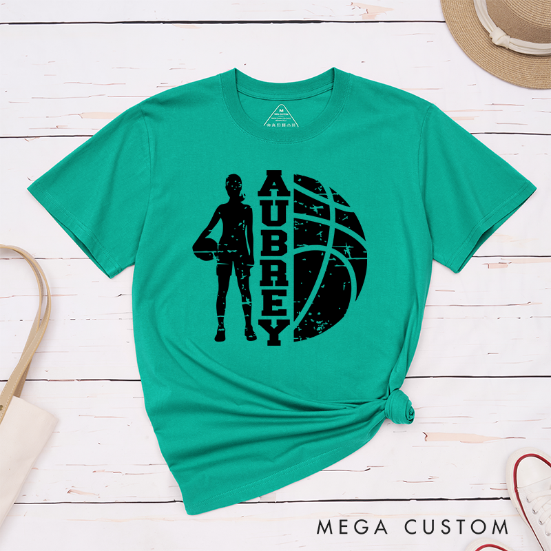 Personalized Basketball T-Shirt Featuring a Player Silhouette Bold Basketball Graphic and Custom Name for a Unique and Stylish Sportswear Look