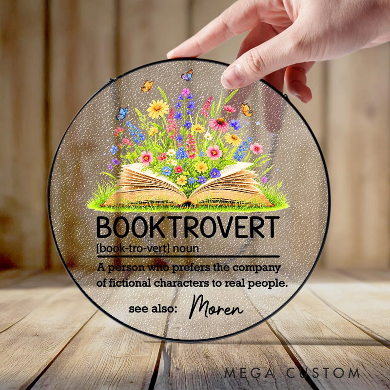 Personalized Booktrovert Stained Glass Suncatcher Flower Book Ornament with Name Bookworm Window Decor Book Lover Gifts Librarian Gift