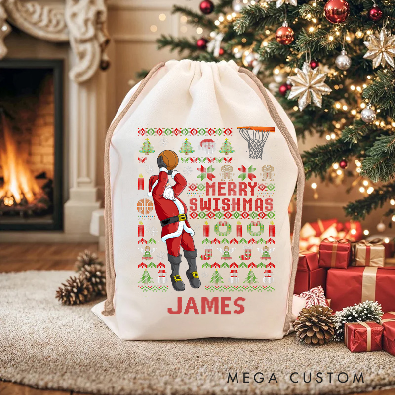 Personalized Christmas Sack with Basketball Santa and Custom Name Design