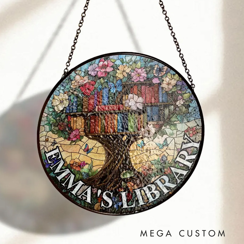Personalized Library Tree Stained Glass Suncatcher Floral Bookshelf Window Decor with Name Home Library Art for Book Lover Gift Librarian Gift
