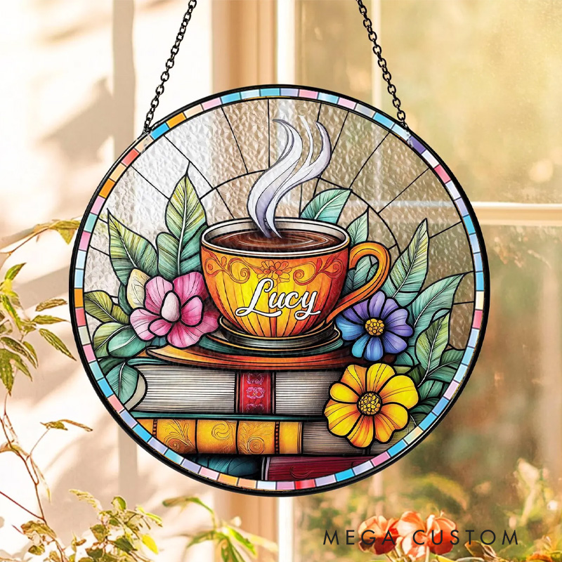 Personalized Floral Book Coffee Stained Glass Suncatcher Reading Suncatcher with Name Window Hanging Decor for Book Lover Gift Librarian Gift