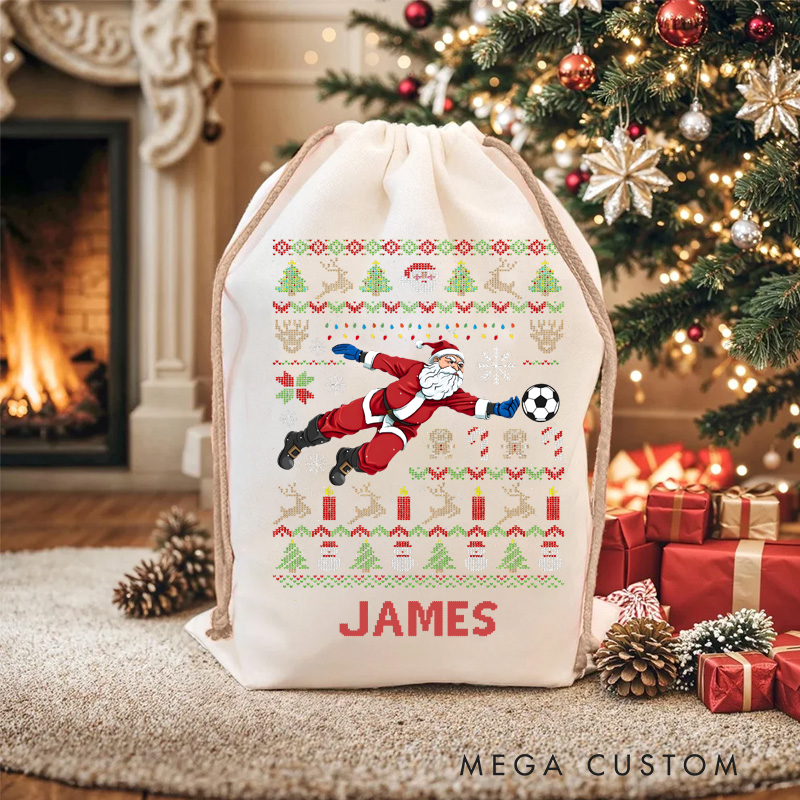 Personalized Christmas Sack with Soccer Santa and Custom Name Design