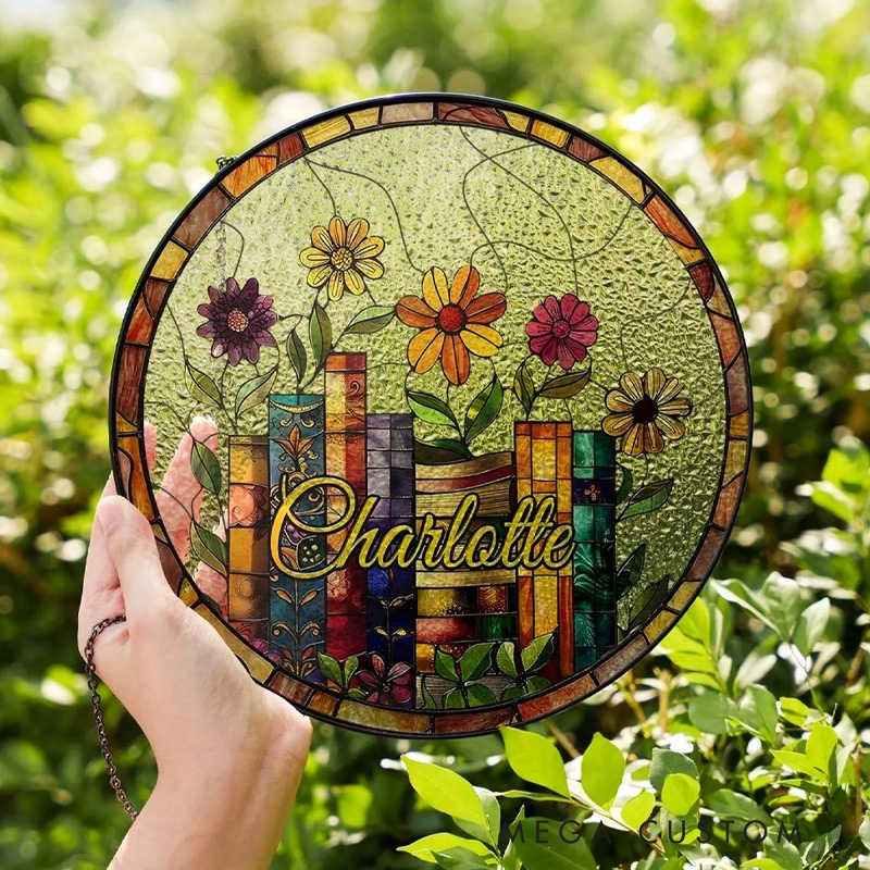 Personalized Flower Book Coffee Stained Glass Suncatcher with Name Window Hanging Decor for Book Lover Gift Librarian Gift