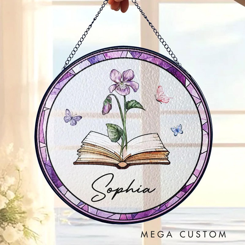 Personalized Birth Flower Book Stained Glass Suncatcher with Name Book Club Window Hanging Decor for Book Lover Gift Librarian Gift