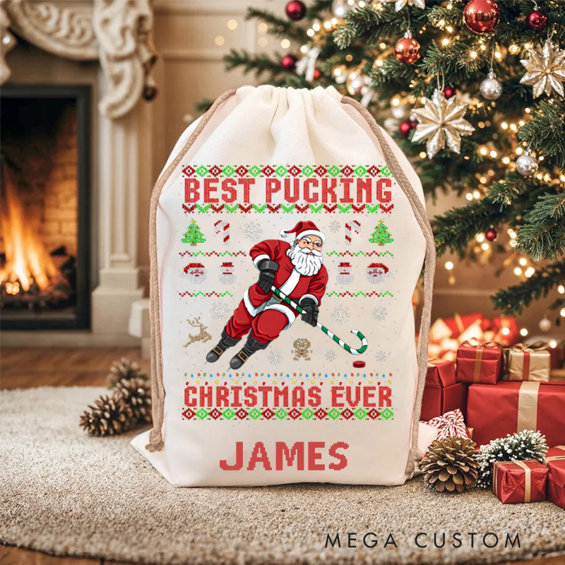 Personalized Christmas Sack with Ice Hockey Santa and Custom Name Design