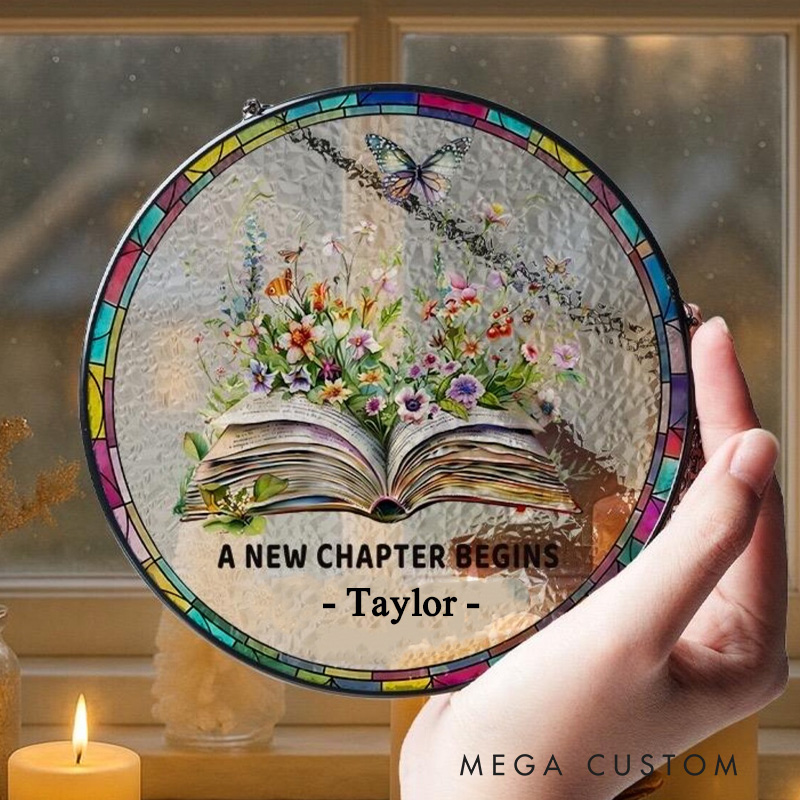 Personalized a New Chapter Begins Stained Glass Suncatcher with Name Floral Book Window Hanging Decor for Book Lover Gift Librarian Gift