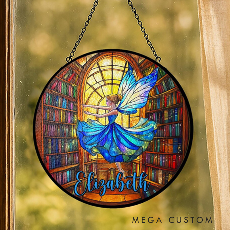 Personalized Fairy Stained Glass Suncatcher with Name Bookish Bookshelf Window Hanging Book Club Decor for Book Lover Gift Librarian Gift
