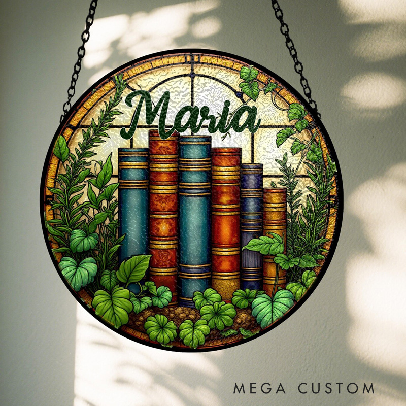 Personalized Bookshelf Stained Glass Suncatcher with Name Botanical Vintage Library Window Hanging Art for Book Lover Gift Librarian Gift