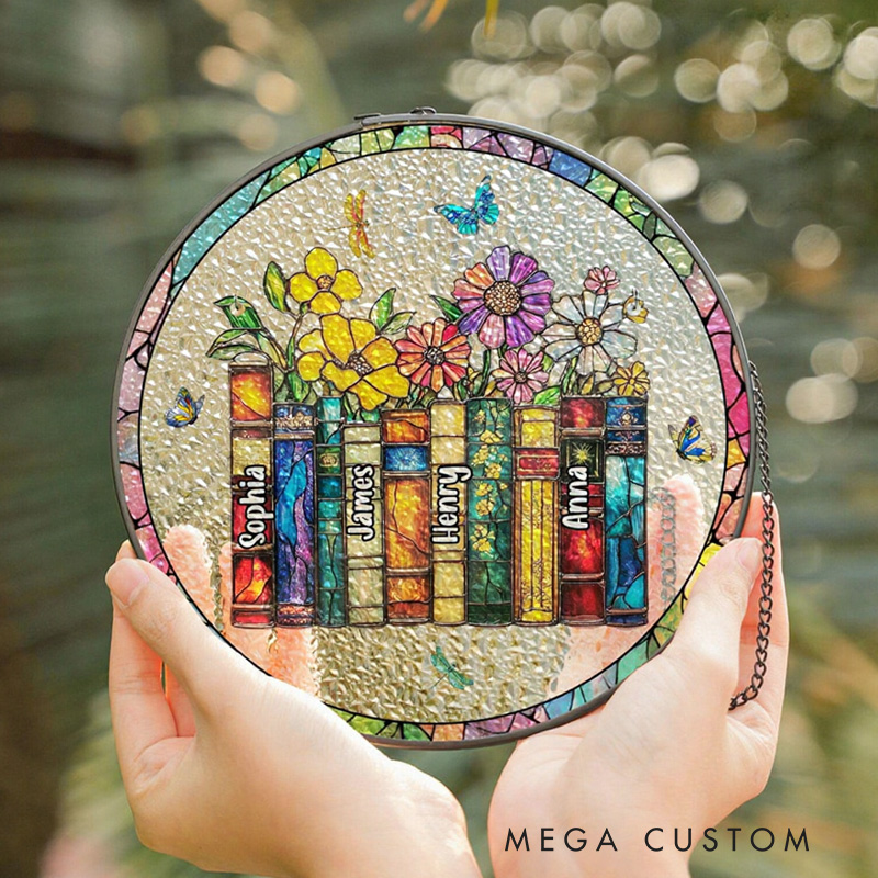 Personalized Name Flower Book Stained Glass Suncatcher Book Club Suncatcher Library Window Hanging for Book Lover Gift Librarian Gift