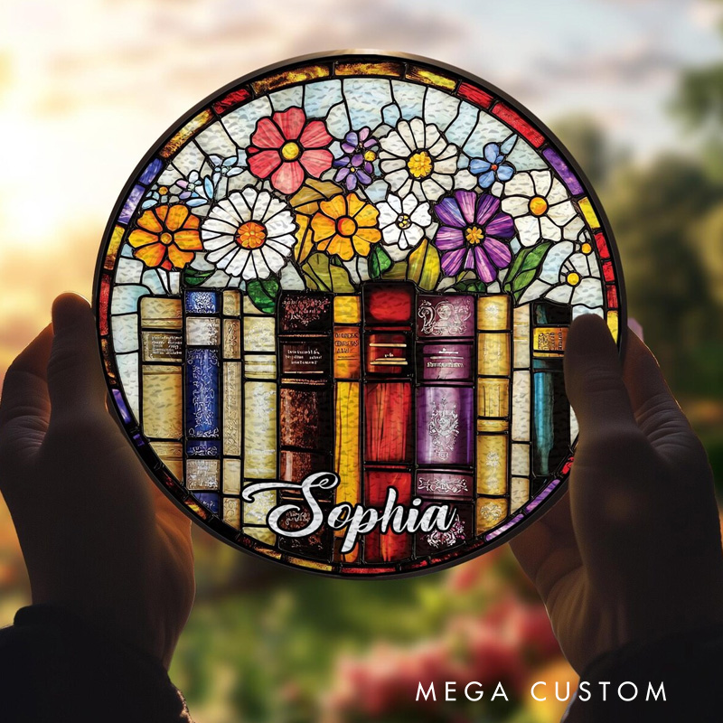 Personalized Flower Book Stained Glass Suncatcher Book Club Suncatcher Bookish Library Decor with Name for Book Lover Gift Librarian Gift