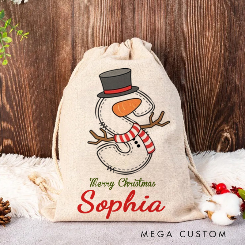 Personalized Cartoon Snowman Initial Santa Sack Drawstring Gift Bag with Name Merry Christmas Party Favors 